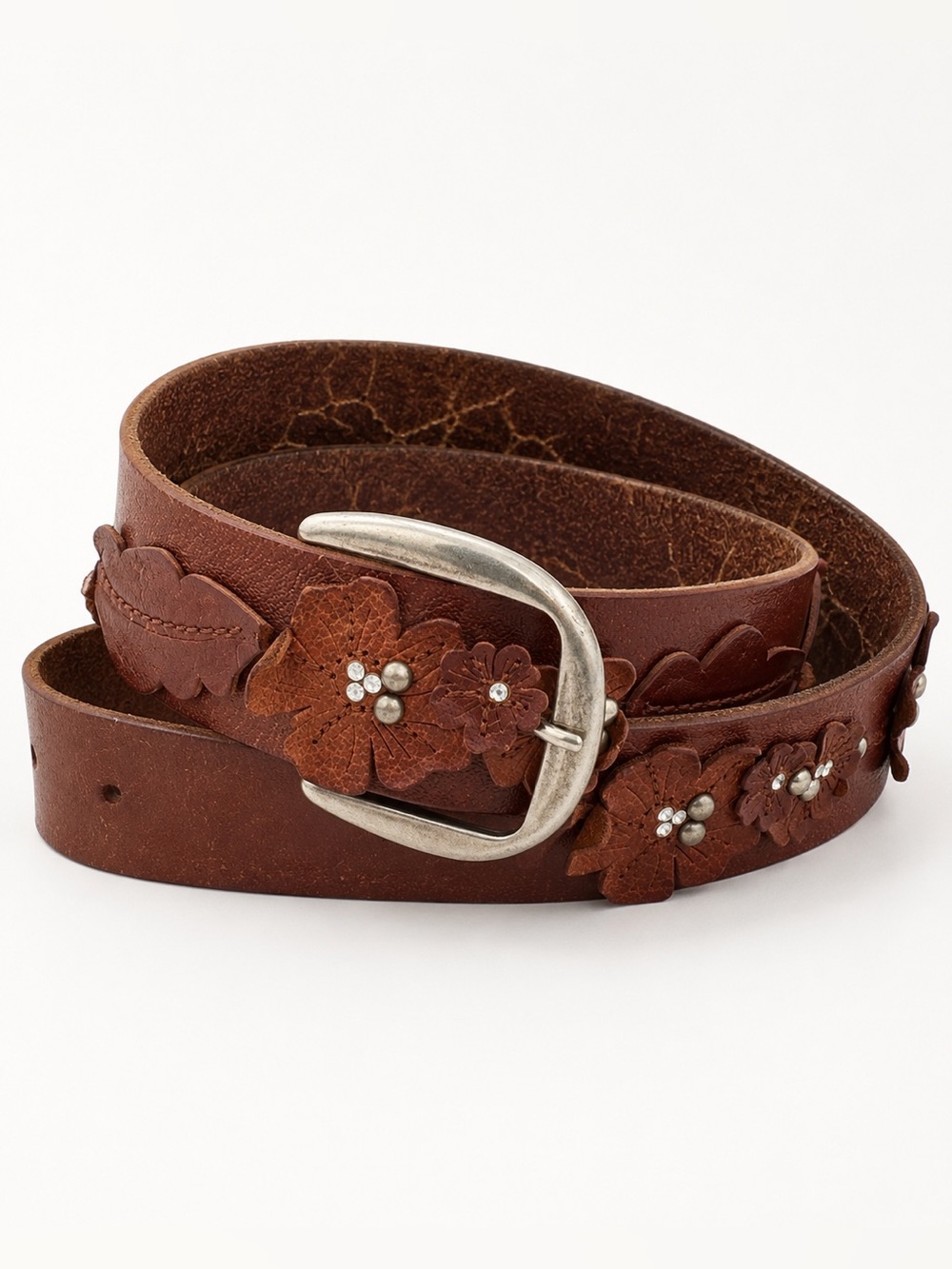 Hollister Brown Leather Floral Rhinestone Wide Belt Boho Y2K Western 40”